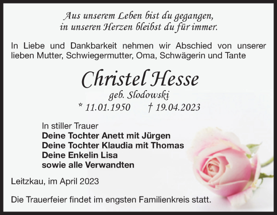 Traueranzeige von Christel Hesse von Volksstimme Zerbst