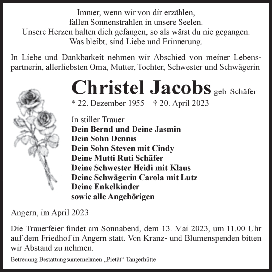 Traueranzeige von Christel Jacobs von Volksstimme Haldensleben/Wolmirstedt
