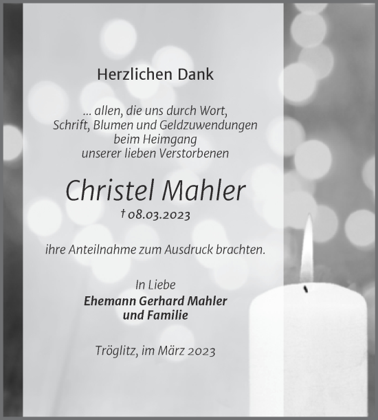 Traueranzeige von Christel Mahler von Trauerkombi Zeitz