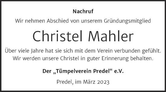 Traueranzeige von Christel Mahler von Trauerkombi Zeitz