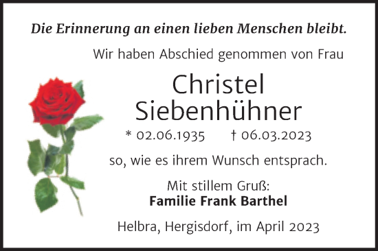 Traueranzeige von Christel Siebenhühner von Trauerkombi Mansfelder Land