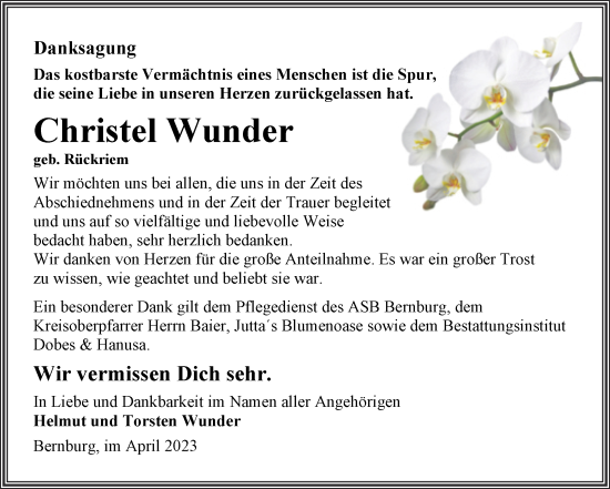 Traueranzeige von Christel Wunder von Trauerkombi Bernburg