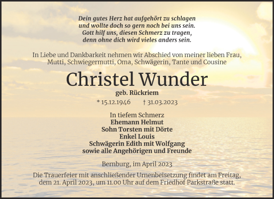 Traueranzeige von Christel Wunder von Trauerkombi Bernburg