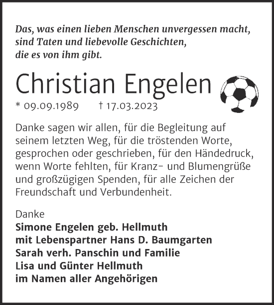 Traueranzeige von Christian Engelen von Trauerkombi Mansfelder Land