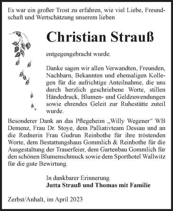 Traueranzeige von Christian Strauß von Volksstimme Zerbst