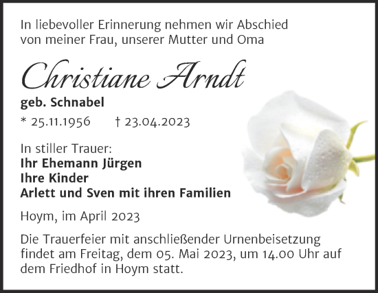 Traueranzeige von Christiane Arndt von Trauerkombi Aschersleben
