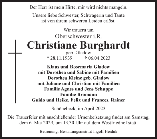 Traueranzeige von Christiane Burghardt von Volksstimme Schönebeck