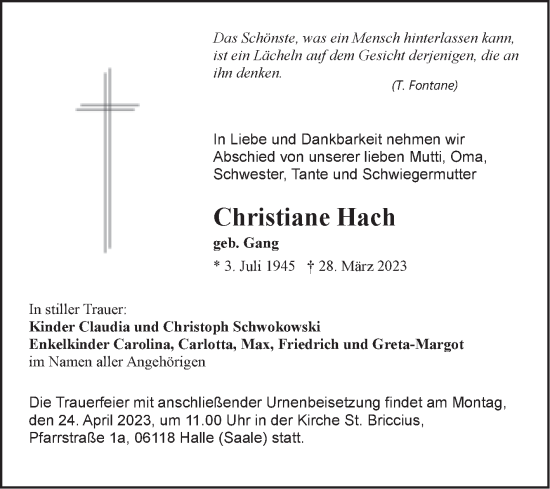 Traueranzeige von Christiane Hach von Mitteldeutsche Zeitung Halle/Saalkreis