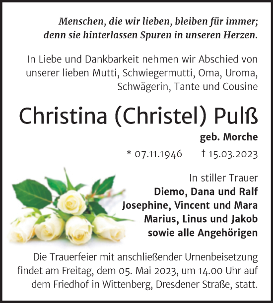 Traueranzeige von Christina Pulß von Trauerkombi Wittenberg