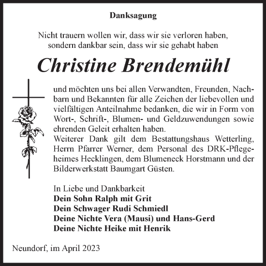Traueranzeige von Christine Brendemühl von Volksstimme Staßfurt