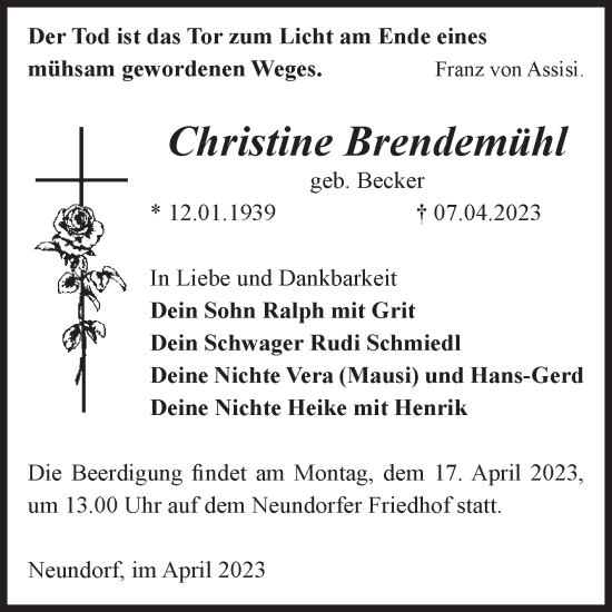 Traueranzeige von Christine Brendemühl von Volksstimme Staßfurt