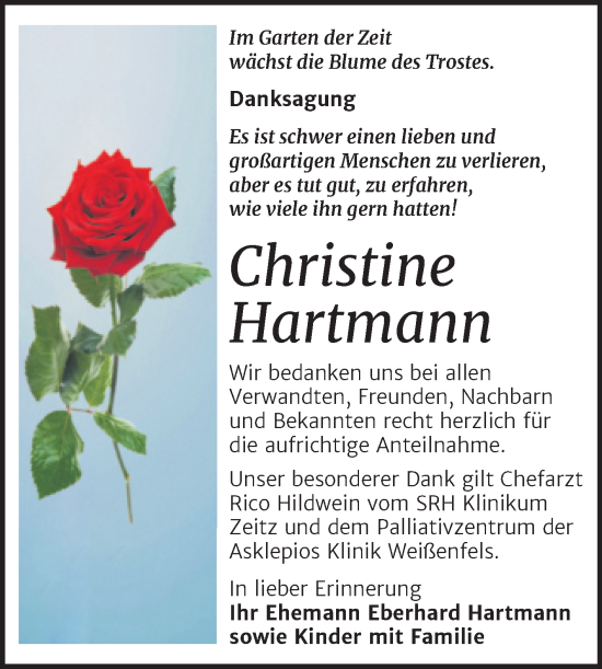 Traueranzeige von Christine Hartmann von Mitteldeutsche Zeitung Zeitz