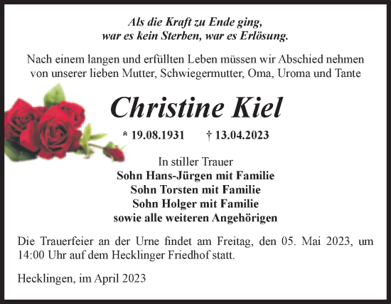 Traueranzeige von Christine Kiel von Volksstimme Staßfurt