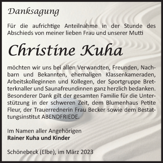 Traueranzeige von Christine Kuha von Volksstimme Schönebeck