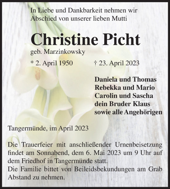 Traueranzeige von Christine Picht von Volksstimme Altmark Ost