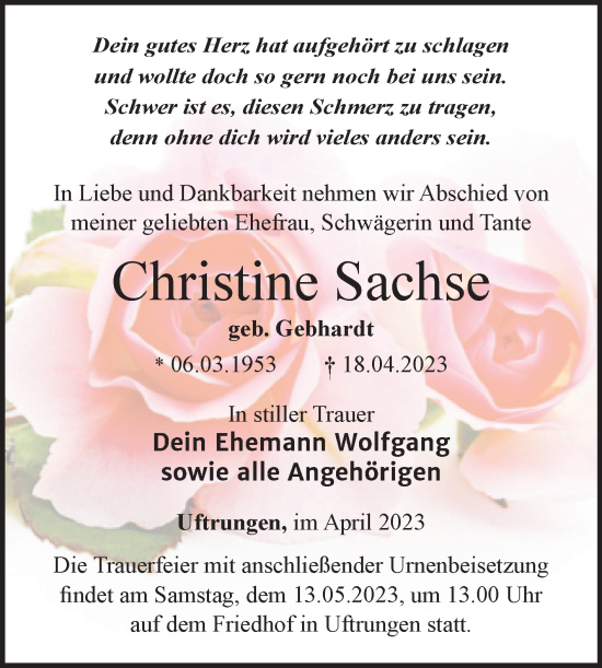 Traueranzeige von Christine Sachse von Trauerkombi Sangerhausen