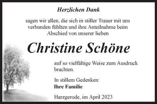 Traueranzeige von Christine Schöne von Trauerkombi Quedlinburg