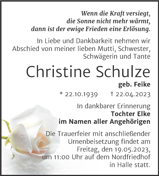 Traueranzeige von Christine Schulze von Mitteldeutsche Zeitung Halle/Saalkreis