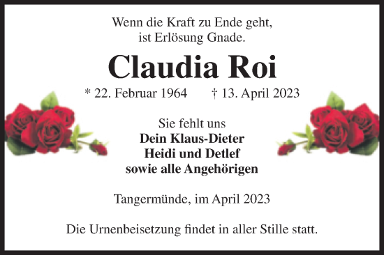 Traueranzeige von Claudia Roi von Volksstimme Altmark Ost