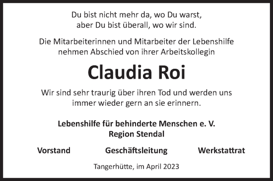 Traueranzeige von Claudia Roi von Mitteldeutsche Zeitung