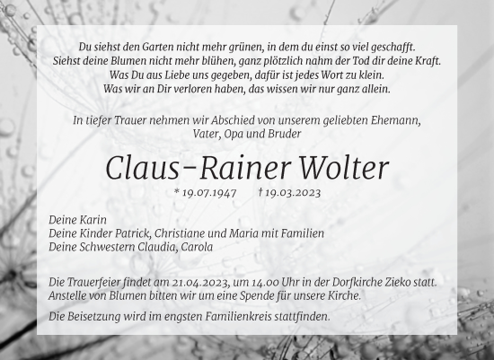 Traueranzeige von Claus-Rainer Wolter von Trauerkombi Dessau
