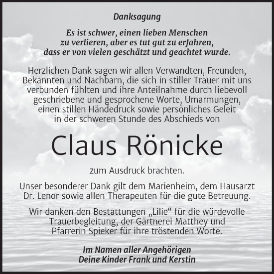 Traueranzeige von Claus Rönicke von Trauerkombi Dessau