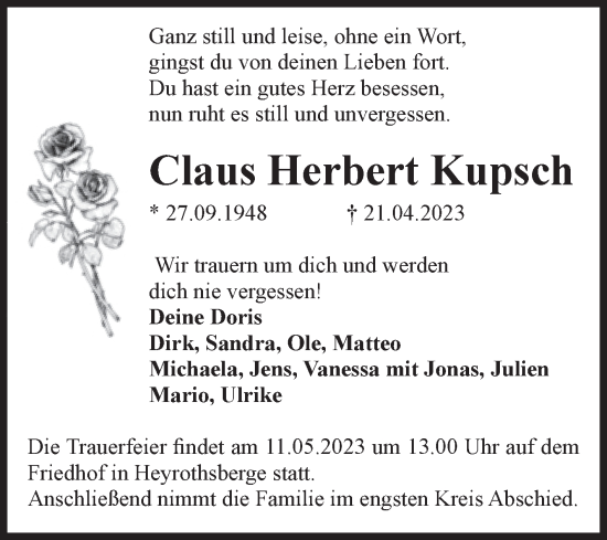 Traueranzeige von Claus Herbert Kupsch von Volksstimme Burg/Genthin