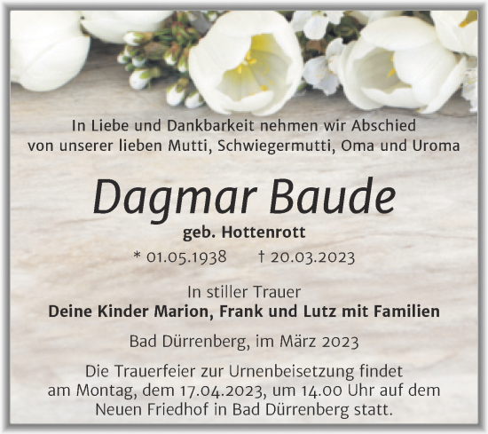 Traueranzeige von Dagmar Baude von Trauerkombi Merseburg