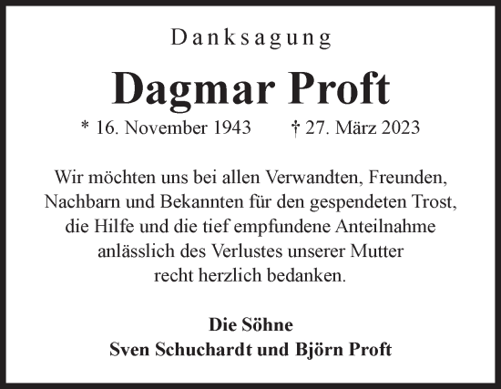 Traueranzeige von Dagmar Proft von Volksstimme Wernigerode