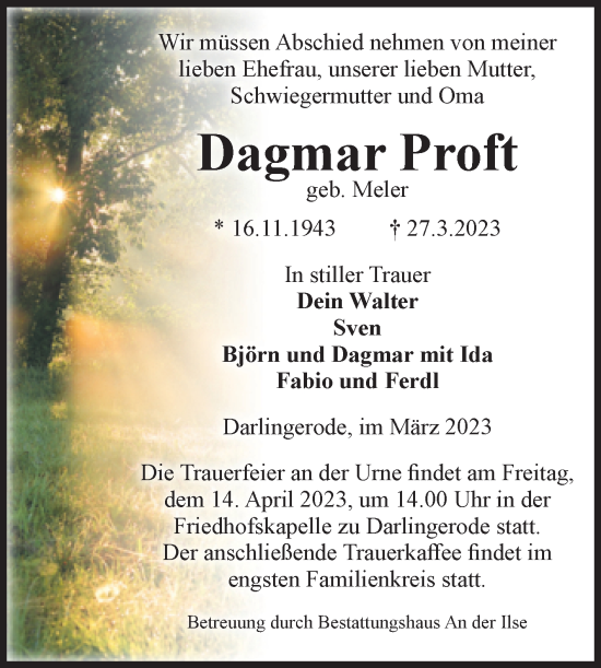 Traueranzeige von Dagmar Proft von Volksstimme Wernigerode
