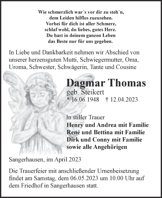 Traueranzeige von Dagmar Thomas von Trauerkombi Sangerhausen