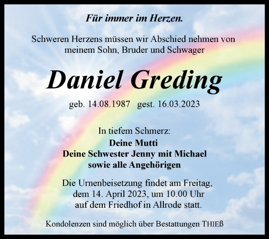 Traueranzeige von Daniel Greding von Volksstimme Wernigerode