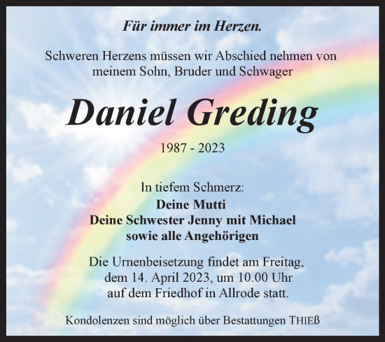 Traueranzeige von Daniel Greding von Trauerkombi Quedlinburg