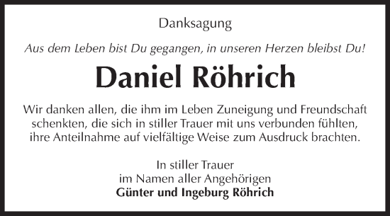 Traueranzeige von Daniel Röhrich von Volksstimme Oschersleben/Wanzleben