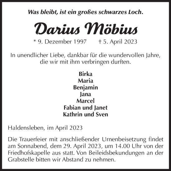 Traueranzeige von Darius Möbius von Volksstimme Haldensleben/Wolmirstedt