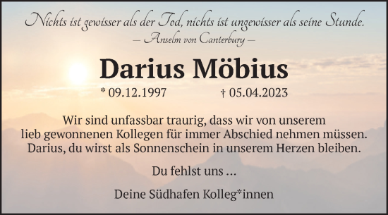 Traueranzeige von Darius Möbius von Volksstimme Haldensleben/Wolmirstedt