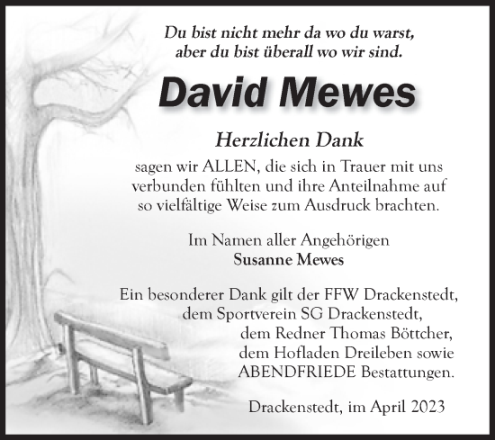 Traueranzeige von David Mewes von Volksstimme Oschersleben/Wanzleben