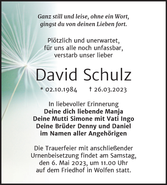 Traueranzeige von David Schulz von Trauerkombi Bitterfeld