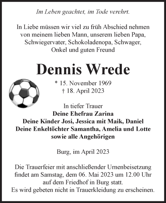 Traueranzeige von Dennis Wrede von Volksstimme Burg/Genthin