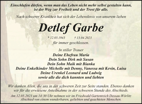 Traueranzeige von Detlef Garbe von Trauerkombi Dessau