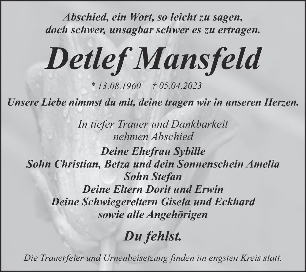  Traueranzeige für Detlef Mansfeld vom 15.04.2023 aus Trauerkombi Dessau