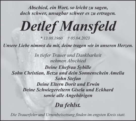 Traueranzeige von Detlef Mansfeld von Trauerkombi Dessau