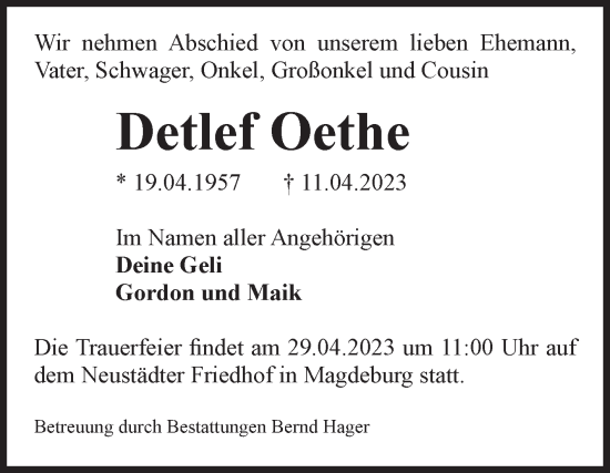 Traueranzeige von Detlef Oethe von Volksstimme Magdeburg