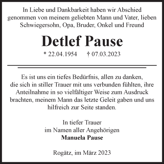 Traueranzeige von Detlef Pause von Volksstimme Haldensleben/Wolmirstedt
