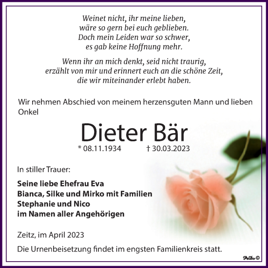 Traueranzeige von Dieter Bär von Trauerkombi Zeitz