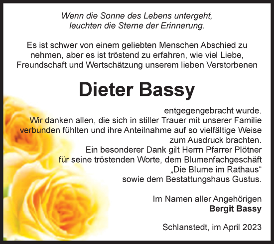 Traueranzeige von Dieter Bassy von Volksstimme Halberstadt