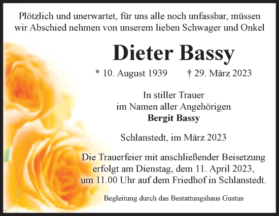 Traueranzeige von Dieter Bassy von Volksstimme Halberstadt