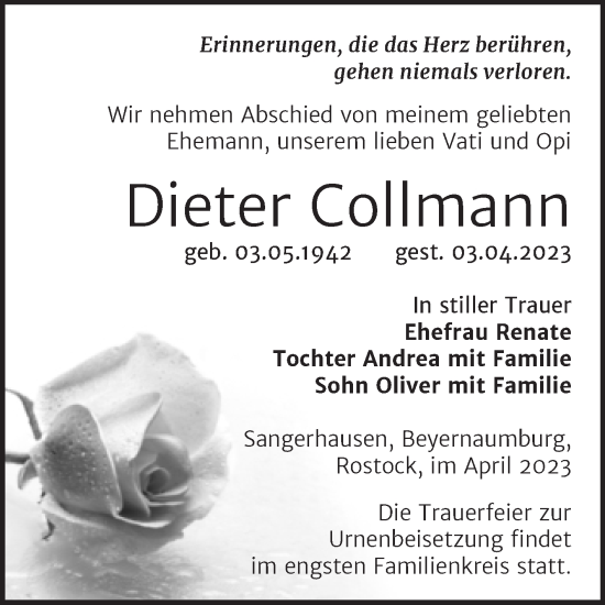 Traueranzeige von Dieter Collmann von Trauerkombi Sangerhausen