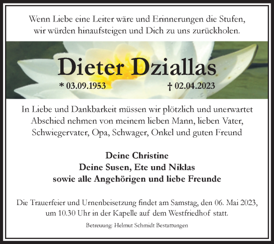 Traueranzeige von Dieter Dziallas von Volksstimme Magdeburg