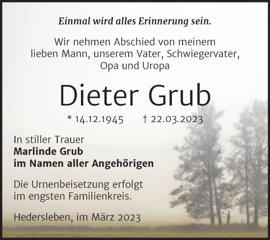 Traueranzeige von Dieter Grub von Trauerkombi Quedlinburg